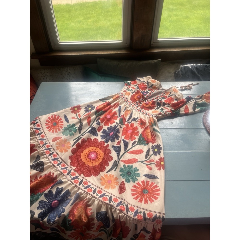 Shein Floral Boho Prairie Midi Dress Folk Art Cottagecore Puff Sleeve